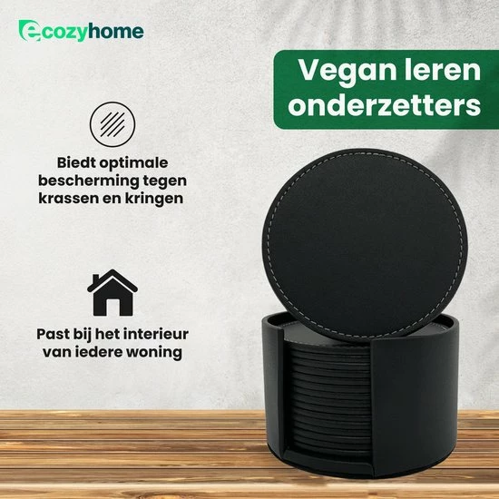 Ecozyhome® Onderzetters – Onderzetter Voor Glazen – Vegan Leren Onderzetters – 16 Stuks - Luxe Leren Onderzetters Met Houder – Leer - Zwarte Onderzetters - Leren Onderleggers - Afbeelding 3