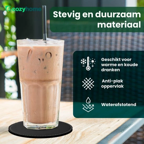 Ecozyhome® Onderzetters – Onderzetter Voor Glazen – Vegan Leren Onderzetters – 16 Stuks - Luxe Leren Onderzetters Met Houder – Leer - Zwarte Onderzetters - Leren Onderleggers - Afbeelding 4