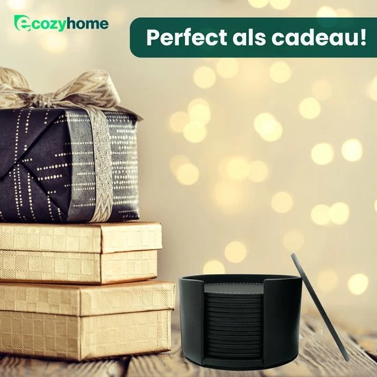 Ecozyhome® Onderzetters – Onderzetter Voor Glazen – Vegan Leren Onderzetters – 16 Stuks - Luxe Leren Onderzetters Met Houder – Leer - Zwarte Onderzetters - Leren Onderleggers - Afbeelding 6