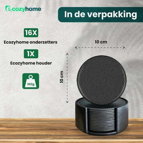 Ecozyhome® Onderzetters – Onderzetter Voor Glazen – Vegan Leren Onderzetters – 16 Stuks - Luxe Leren Onderzetters Met Houder – Leer - Zwarte Onderzetters - Leren Onderleggers - Afbeelding 9