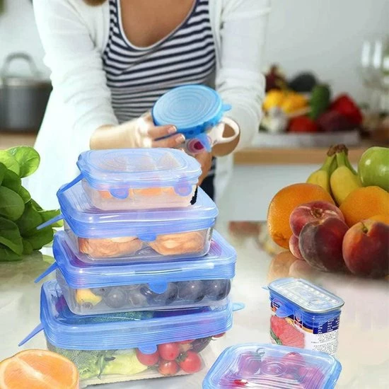 Spieringstore® Siliconen Deksels - 2 Designs - Vierkant & Rond - Set Van 12 Stretch - Flexibele Vershoudbakje - Pandeksel - LFGB Norm - 41% Rekbaar - Afbeelding 2