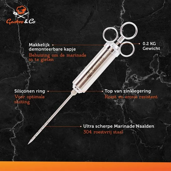 Gastro & Co® Marinade Injectiespuit - RVS Injector Inclusief 3 Naalden - Vaatwasser Bestendig - Metalen Barbecue Injector - Geschikt Voor Vlees / Vis / Groenten / Fruit / BBQ - Afbeelding 3