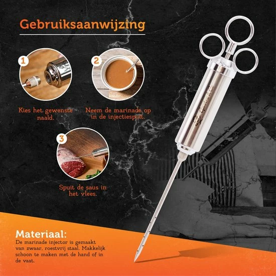 Gastro & Co® Marinade Injectiespuit - RVS Injector Inclusief 3 Naalden - Vaatwasser Bestendig - Metalen Barbecue Injector - Geschikt Voor Vlees / Vis / Groenten / Fruit / BBQ - Afbeelding 7