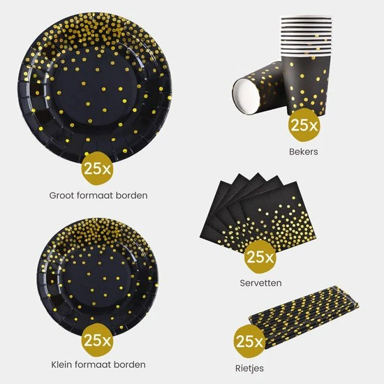 Partizzle® Partizzle 25 Pers. Wegwerp Servies Set - Verjaardag Versiering Kerst Decoratie - Nieuwjaar Party - Borden Bekers Feestartikelen - Zwart En Goud Feest - Afbeelding 2