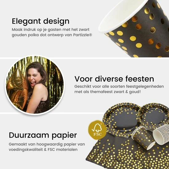 Partizzle® Partizzle 25 Pers. Wegwerp Servies Set - Verjaardag Versiering Kerst Decoratie - Nieuwjaar Party - Borden Bekers Feestartikelen - Zwart En Goud Feest - Afbeelding 4