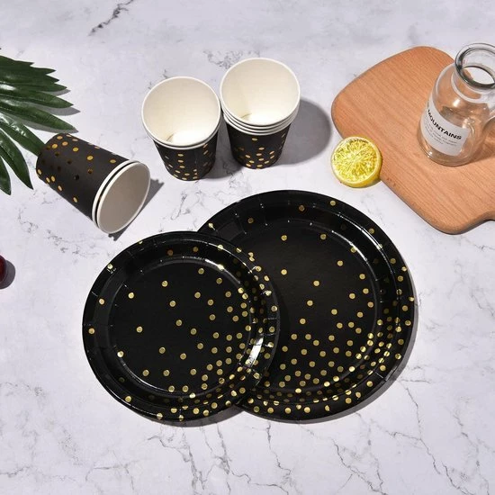 Partizzle® Partizzle 25 Pers. Wegwerp Servies Set - Verjaardag Versiering Kerst Decoratie - Nieuwjaar Party - Borden Bekers Feestartikelen - Zwart En Goud Feest - Afbeelding 6