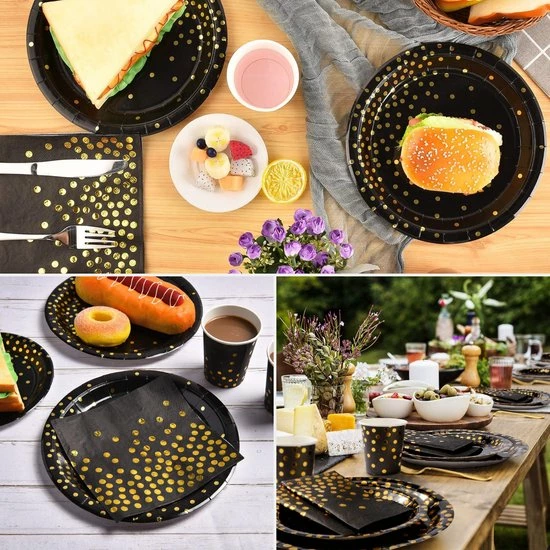 Partizzle® Partizzle 25 Pers. Wegwerp Servies Set - Verjaardag Versiering Kerst Decoratie - Nieuwjaar Party - Borden Bekers Feestartikelen - Zwart En Goud Feest - Afbeelding 7