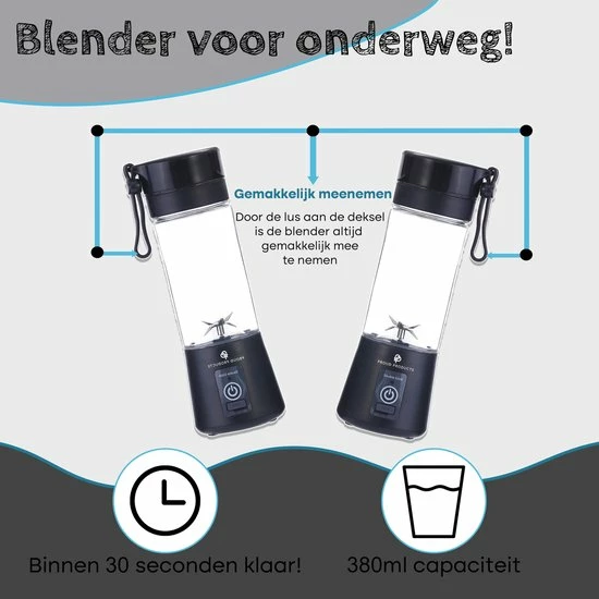 Proudproducts – Smoothie Blender – To-Go – Blender Voor Onderweg – USB Oplaadbaar – Blender – Smoothie – Compact – Draadloos - Zwart - Afbeelding 2
