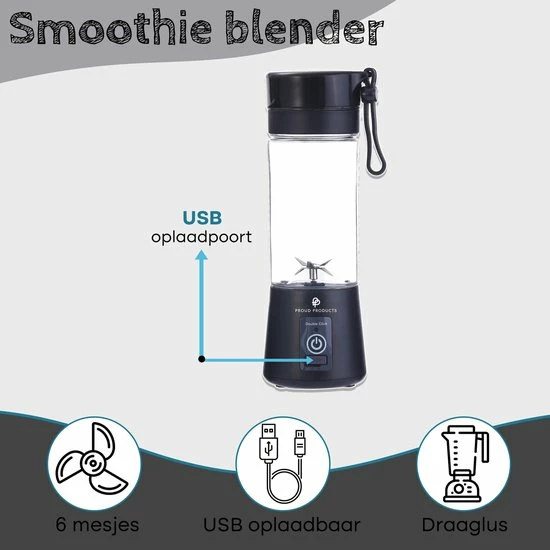 Proudproducts – Smoothie Blender – To-Go – Blender Voor Onderweg – USB Oplaadbaar – Blender – Smoothie – Compact – Draadloos - Zwart - Afbeelding 3