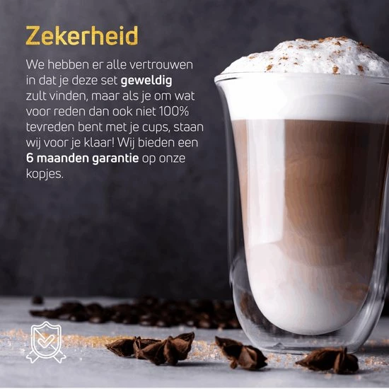 VDN Dubbelwandige Koffieglazen Theeglazen - 300 ML Mokken - Set Van 6 Handgeblazen Cappuccino Latte Macchiato Glazen Dubbelwandig - Afbeelding 6