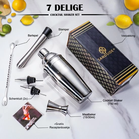 Sandside Cocktailset Silver Premium – Cocktail Set 7-Delig Topklasse – Cocktailshaker 750ml – Luxe Giftbox - Afbeelding 2