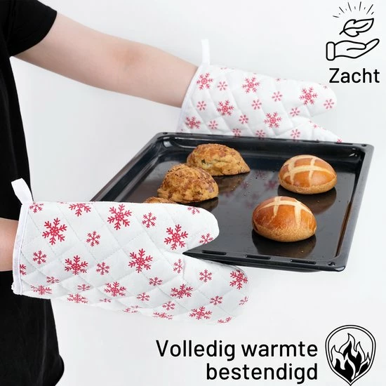 TAVAS Moois Sneeuwvlok 2 Stuks Ovenwanten Hittebestendige Ovenhandschoen Katoen | Rood, Wit | Kerst Cadeau Voor Haar, Christmas Gift | Thermolite Tot 220°C - Afbeelding 2
