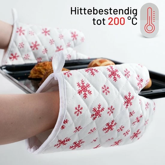 TAVAS Moois Sneeuwvlok 2 Stuks Ovenwanten Hittebestendige Ovenhandschoen Katoen | Rood, Wit | Kerst Cadeau Voor Haar, Christmas Gift | Thermolite Tot 220°C - Afbeelding 3