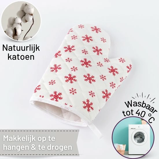 TAVAS Moois Sneeuwvlok 2 Stuks Ovenwanten Hittebestendige Ovenhandschoen Katoen | Rood, Wit | Kerst Cadeau Voor Haar, Christmas Gift | Thermolite Tot 220°C - Afbeelding 5