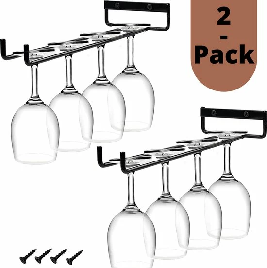 Kmerce Wijnglazenhouder Voor Aan De Muur | Wijnglazen Rek | 2-pack Voor 8 Glazen | Ophangrek Wijnglazen | Ophangrek Glazen | Ophangrek | Wijnglas Rek | Wijnglas Houder | Zwart