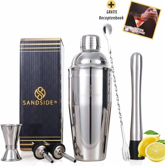 Sandside Cocktailset Silver Premium – Cocktail Set 7-Delig Topklasse – Cocktailshaker 750ml – Luxe Giftbox