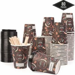 Matana Koffiebekers To Go - 80 Bedrukte Kartonnen Wegwerp Koffiebeker - Koffiekopjes - Koffiebeker - Koffiemokken - Met Deksels En Roerstaafjes - Warme En Koude Dranken - 350ml