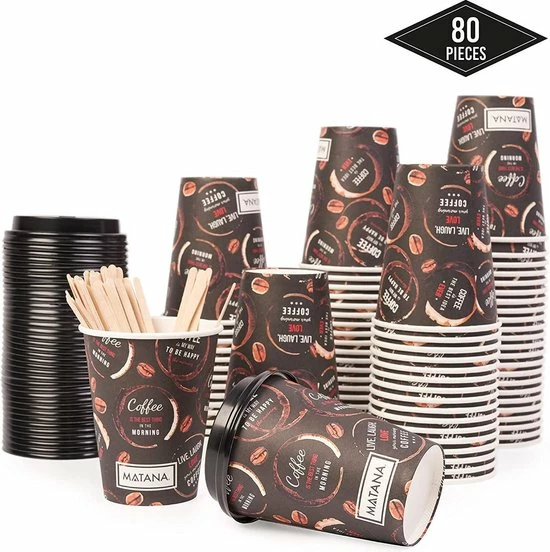 Matana Koffiebekers To Go - 80 Bedrukte Kartonnen Wegwerp Koffiebeker - Koffiekopjes - Koffiebeker - Koffiemokken - Met Deksels En Roerstaafjes - Warme En Koude Dranken - 350ml