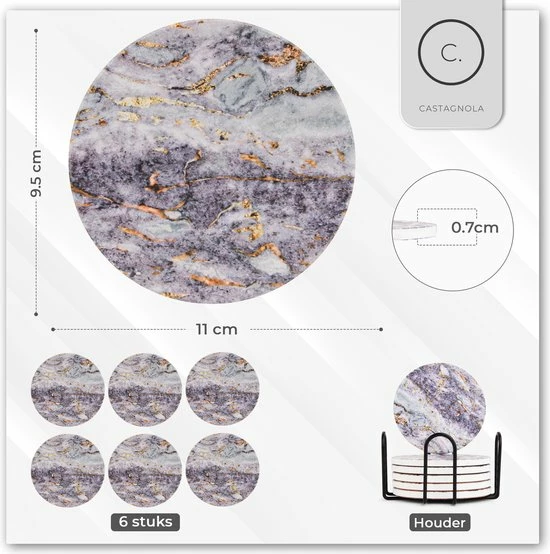 Castagnola Keramische Onderzetters Met Houder – Onderzetters Voor Glazen – Onderzetters Design – Onderzettersset – Drink Onderzetters – Keramisch – Kurk – Set Van 6 – Grijs/Goud - Afbeelding 5