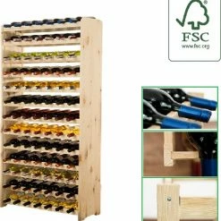 SMH LINE® - Wijnrek - Hout Wijnrek- Bottle Rack- 164x70x24,7cm (LxBxD)- Massief Hout - 91 Flessen - Flessenrek Modulair En Stapelbaar - Flessenhouder Staand