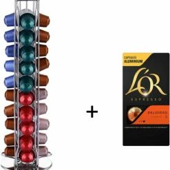 Poolster Capsulehouder Voor 40 Nespresso Cups - Cup Houder – 360° Draaibaar – Stijlvol Aluminium – Geschikt Voor 40 Koffie Cups – Met Doosje 10 Nespresso Cups Van L’Or