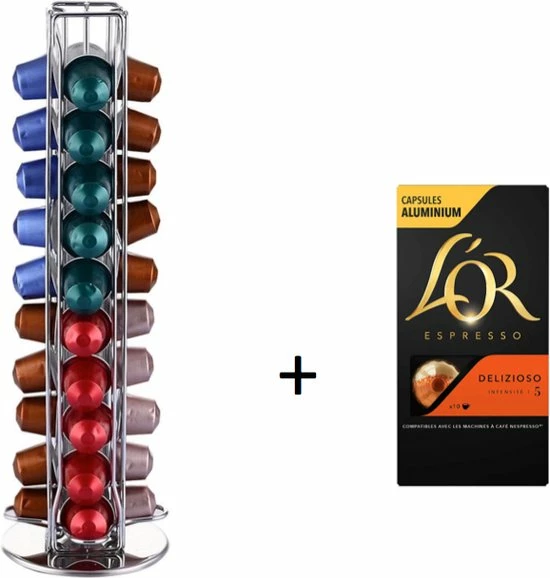 Poolster Capsulehouder Voor 40 Nespresso Cups - Cup Houder – 360° Draaibaar – Stijlvol Aluminium – Geschikt Voor 40 Koffie Cups – Met Doosje 10 Nespresso Cups Van L’Or
