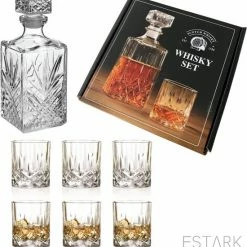 ESTARK® Whiskey Karaf Set - Whisky Glazen Met Karaf 0.9 L - Incl. 6 Glazen - Wiskeyset - Wiskey Whiskey Fles Kan Glas Whiskeyglas Whiskeyfles - 900ml - 7 Delige Whiskey Set