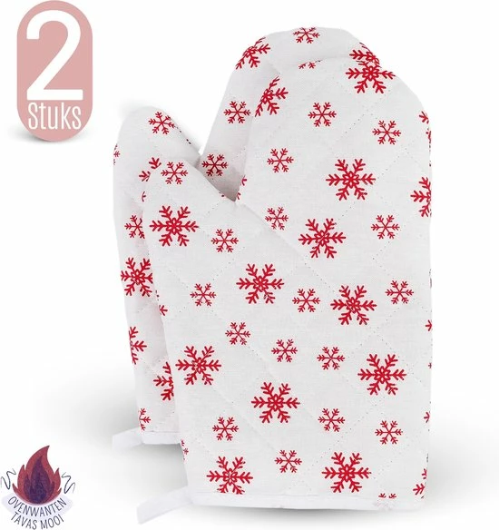 TAVAS Moois Sneeuwvlok 2 Stuks Ovenwanten Hittebestendige Ovenhandschoen Katoen | Rood, Wit | Kerst Cadeau Voor Haar, Christmas Gift | Thermolite Tot 220°C