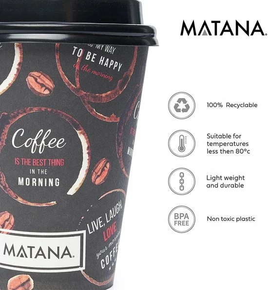 Matana Koffiebekers To Go - 80 Bedrukte Kartonnen Wegwerp Koffiebeker - Koffiekopjes - Koffiebeker - Koffiemokken - Met Deksels En Roerstaafjes - Warme En Koude Dranken - 350ml - Afbeelding 3
