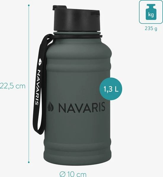 Navaris Fitness Drinkfles 1,3 Liter - Lichte Waterfles Van Roestvrij Staal Grijs - Grote Grijze Waterfles RVS Voor Sport, Fitness, Yoga En Kamperen - Afbeelding 8