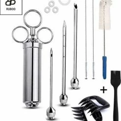 Ruboo RVS Luxe Marinade Injectiespuit – Marinade Injector – Marinadespuit BBQ Accesoires – Meat Injector – Inclusief 3 Naalden – Inclusief Marinade Kwast, Meat Claws & Schoonmaakborstel