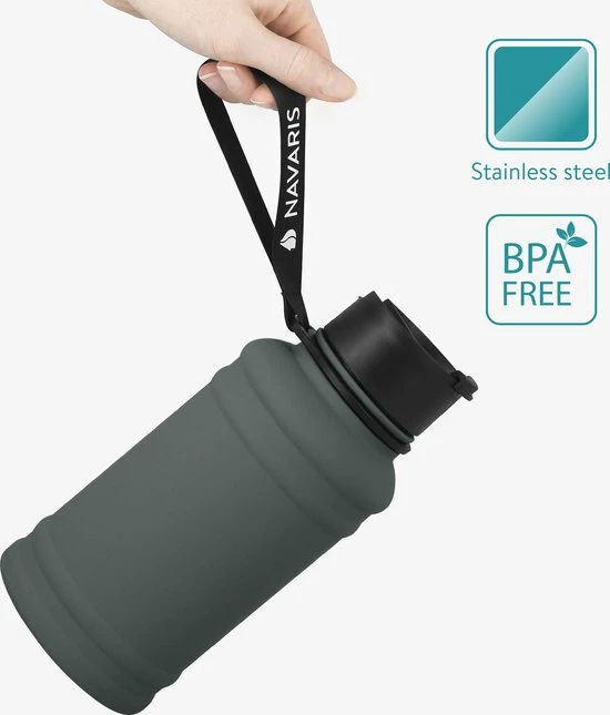 Navaris Fitness Drinkfles 1,3 Liter - Lichte Waterfles Van Roestvrij Staal Grijs - Grote Grijze Waterfles RVS Voor Sport, Fitness, Yoga En Kamperen - Afbeelding 7