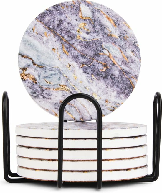 Castagnola Keramische Onderzetters Met Houder – Onderzetters Voor Glazen – Onderzetters Design – Onderzettersset – Drink Onderzetters – Keramisch – Kurk – Set Van 6 – Grijs/Goud - Afbeelding 3