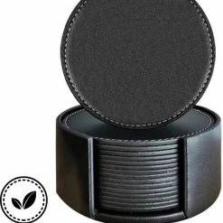 Ecozyhome® Onderzetters – Onderzetter Voor Glazen – Vegan Leren Onderzetters – 16 Stuks - Luxe Leren Onderzetters Met Houder – Leer - Zwarte Onderzetters - Leren Onderleggers