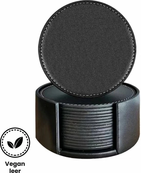 Ecozyhome® Onderzetters – Onderzetter Voor Glazen – Vegan Leren Onderzetters – 16 Stuks - Luxe Leren Onderzetters Met Houder – Leer - Zwarte Onderzetters - Leren Onderleggers