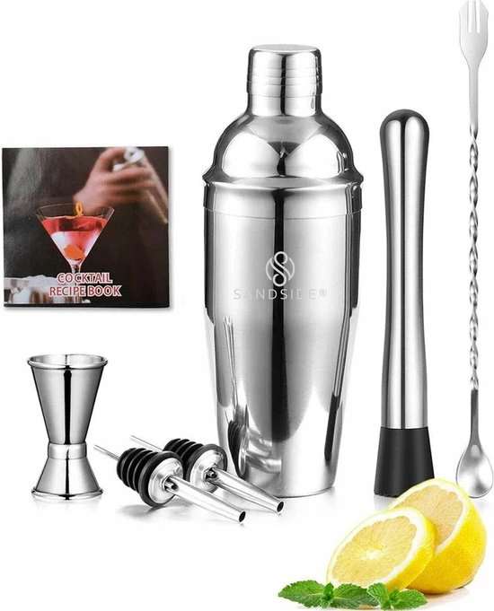 Sandside Cocktailset Silver Premium – Cocktail Set 7-Delig Topklasse – Cocktailshaker 750ml – Luxe Giftbox - Afbeelding 6