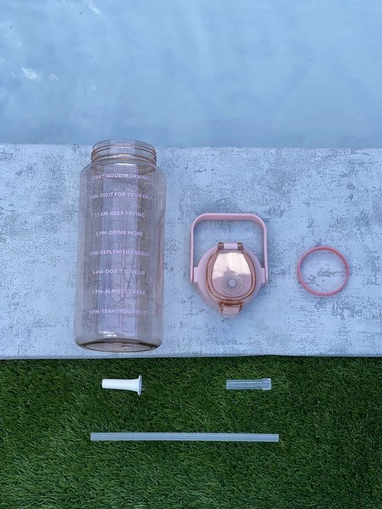 Merkloos Waterfles 2 Liter - Waterfles Met Rietje - Grote Waterfles - Sportbidon - Twee Liter Waterfles - Sportfles - Sportfles Fitness - Bottle 2 Liter- Drinkfles - Schenkfles - Roze Transparant - Gratis Armband - Waterflessen - Afbeelding 4