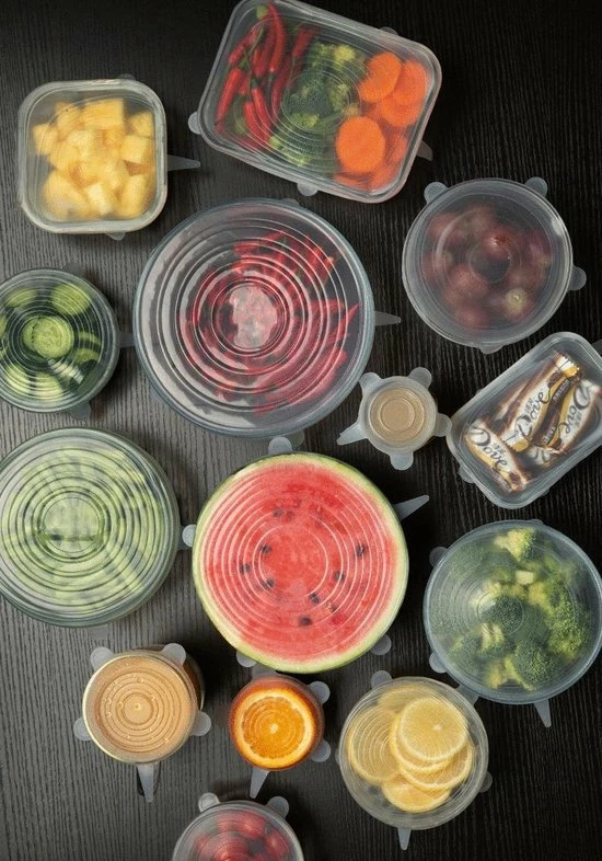 Spieringstore® Siliconen Deksels - 2 Designs - Vierkant & Rond - Set Van 12 Stretch - Flexibele Vershoudbakje - Pandeksel - LFGB Norm - 41% Rekbaar - Afbeelding 6